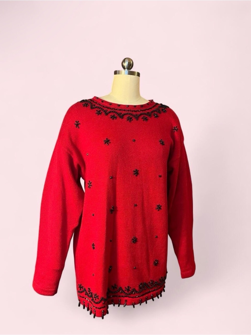 Red Oversized Beaded Floral Sweater Fringe Statement Sweater Dress